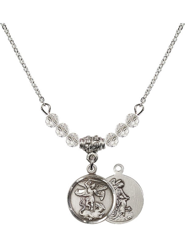 18-Inch Rhodium Plated Necklace with 4mm Garnet Birthstone Beads and Sterling Silver Saint Joseph Charm.