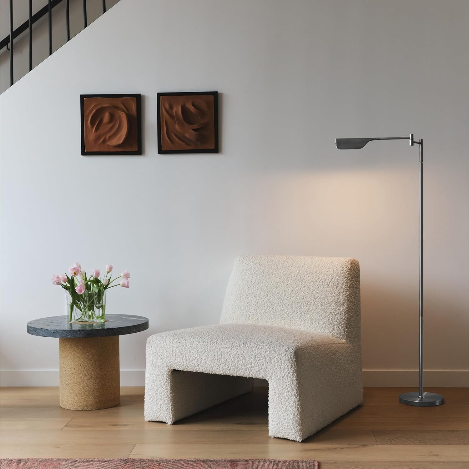 LED Reading Lamp, Dimmable Floor Lamp with Easy Rotation over Chair or Desk for Living Rooms & Offices, Adjustable Standing Lamp, Tall Lamp For Sewing & Craft - Platinum Silver