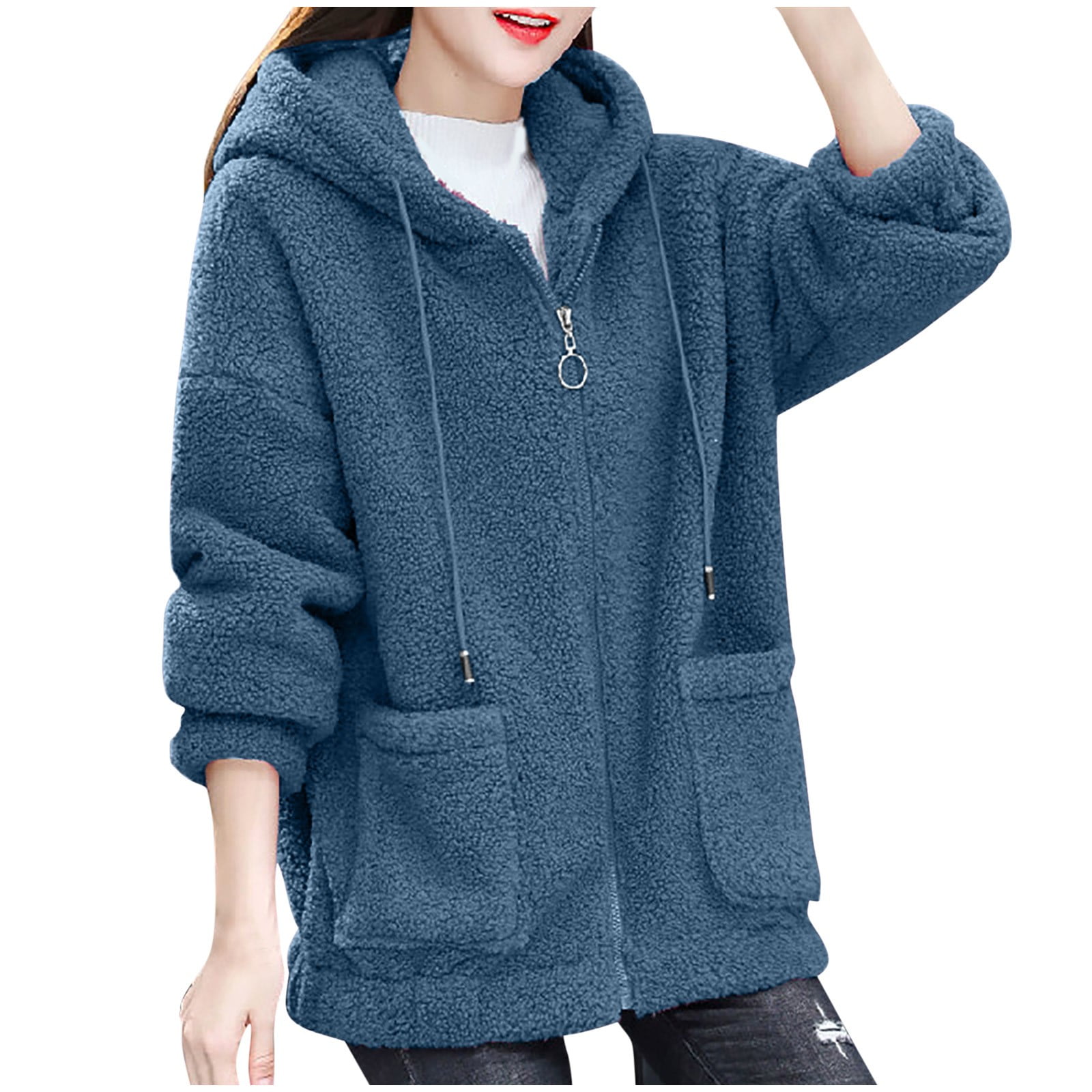 Plus Size Winter Coats for Women M-5X with Pockets and Hooded Fleece Full Zipper Jackets Casual Long Sleeve Loose Solid Warm Outerwear Coat