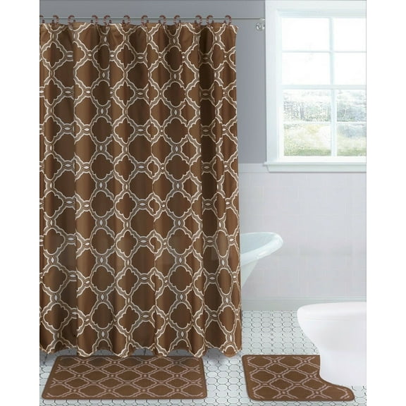 HONEY BROWN 15-piece Hotel Bathroom Sets - 2 Non-Slip Bath Mats Rugs Fabric Shower Curtain 12-Hooks