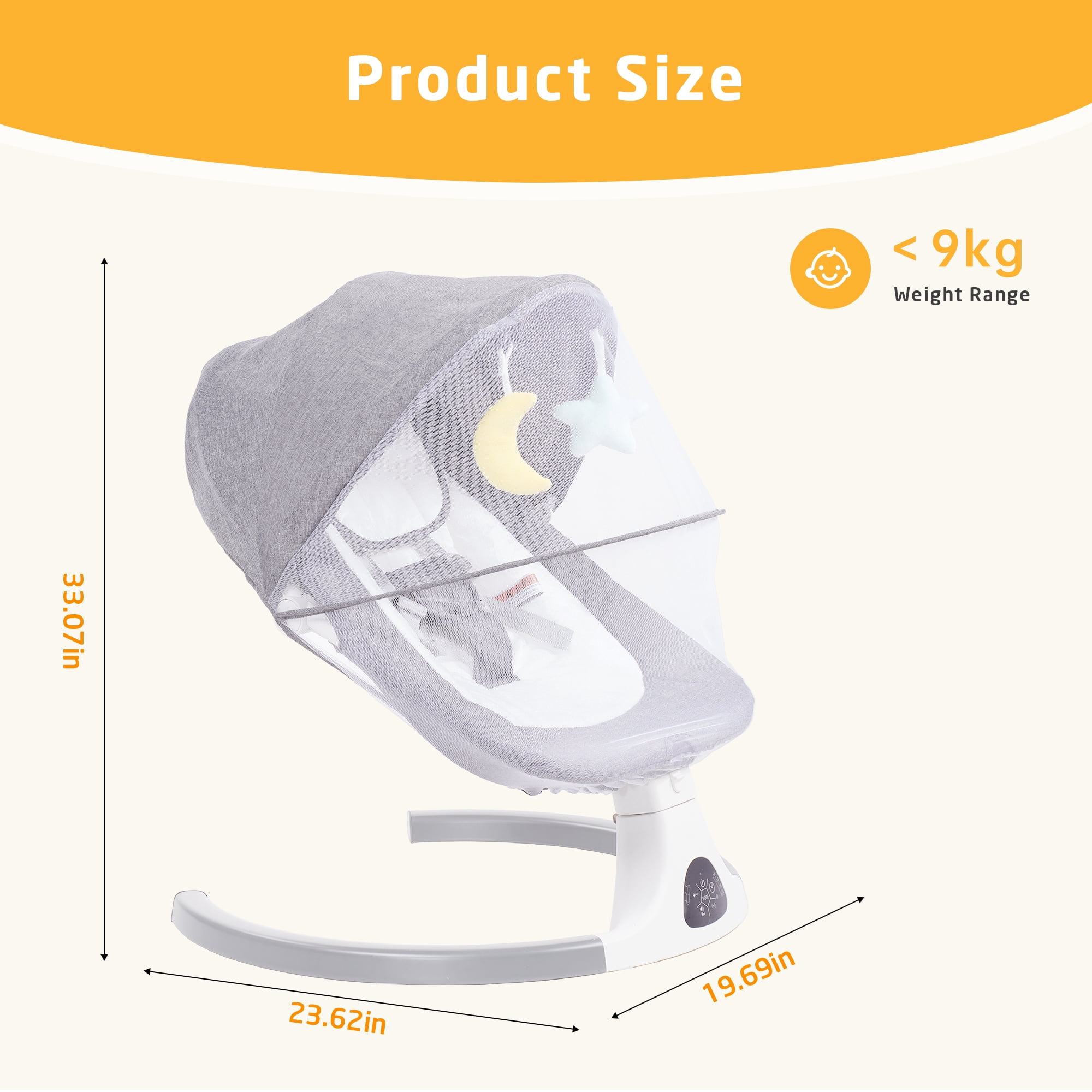 SACVON Baby Swing with Bluetooth Music and Remote Control, 5 Adjustable Settings, Portable, Suitable for Indoor and Outdoor Use, Gray