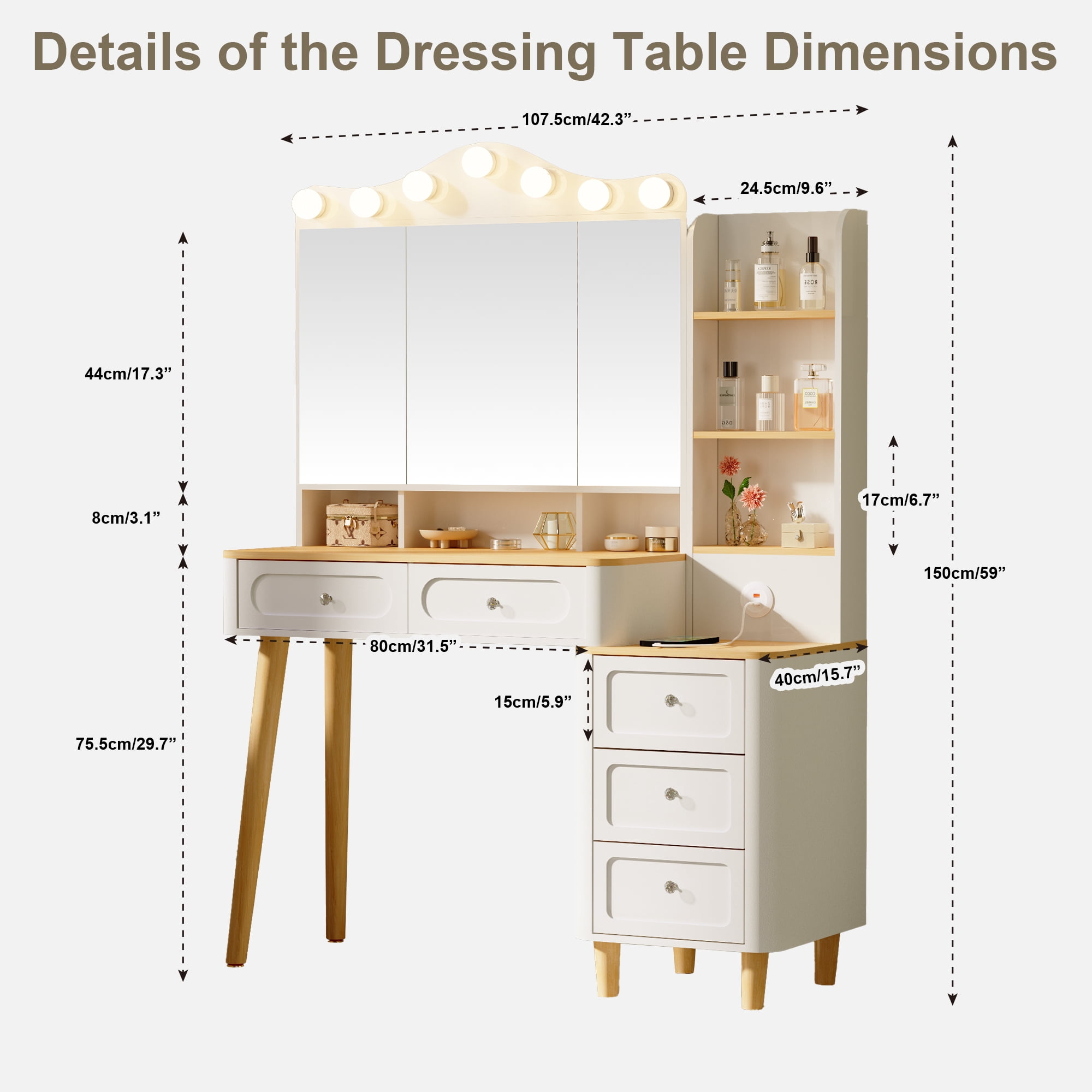 Yoneston Vanity Desk with Large Adjustable Light Mirror and 2 USB Ports, Makeup Table with 5 Drawers and 6 Open Shelves Storage for Bedroom,Dressing Room, White