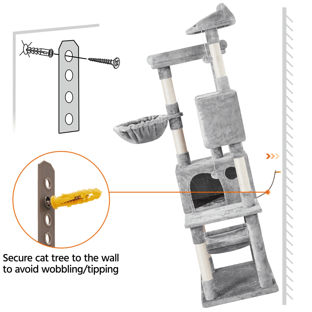 Alden Design 73"H Multi-Level Cat Tree Tower with Condos and Perches, Light Gray