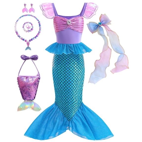 Princess Mermaid Costume for Girls Ariel Dress up Kids Cosplay Outfit with Accessories 2-10Years