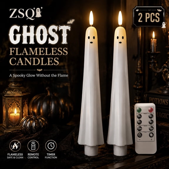 Ghost Candles for Halloween, Flameless Taper Candles Battery Operated with Remote and Timer, Flickering LED Candle Sticks, Halloween Decorations
