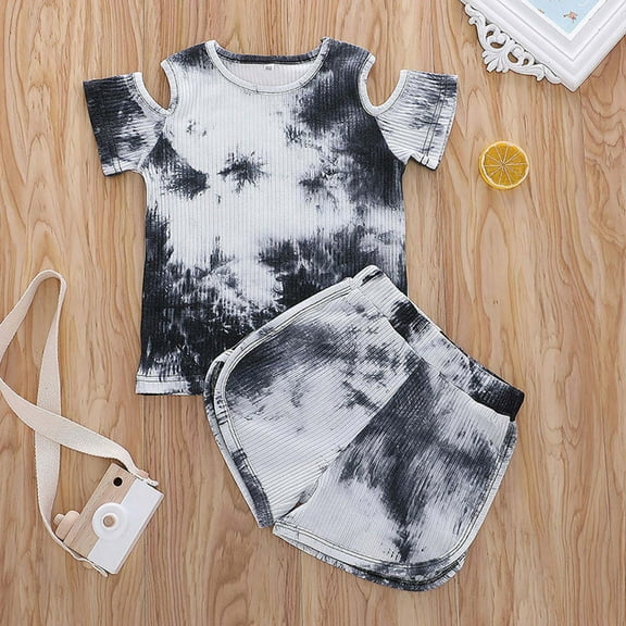 HAOTAGS Boys Girls Tie-Dye Print T-shirt Set Summer Children Two-piece Shorts Set Black Size 18-24 Months