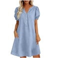 thumbnail image 2 of Lenago Summer Dresses Women Fashion Casual V-Neck Linen Pockets Dress Solid Short Sleeve Dress Light Blue Xxl, 2 of 5
