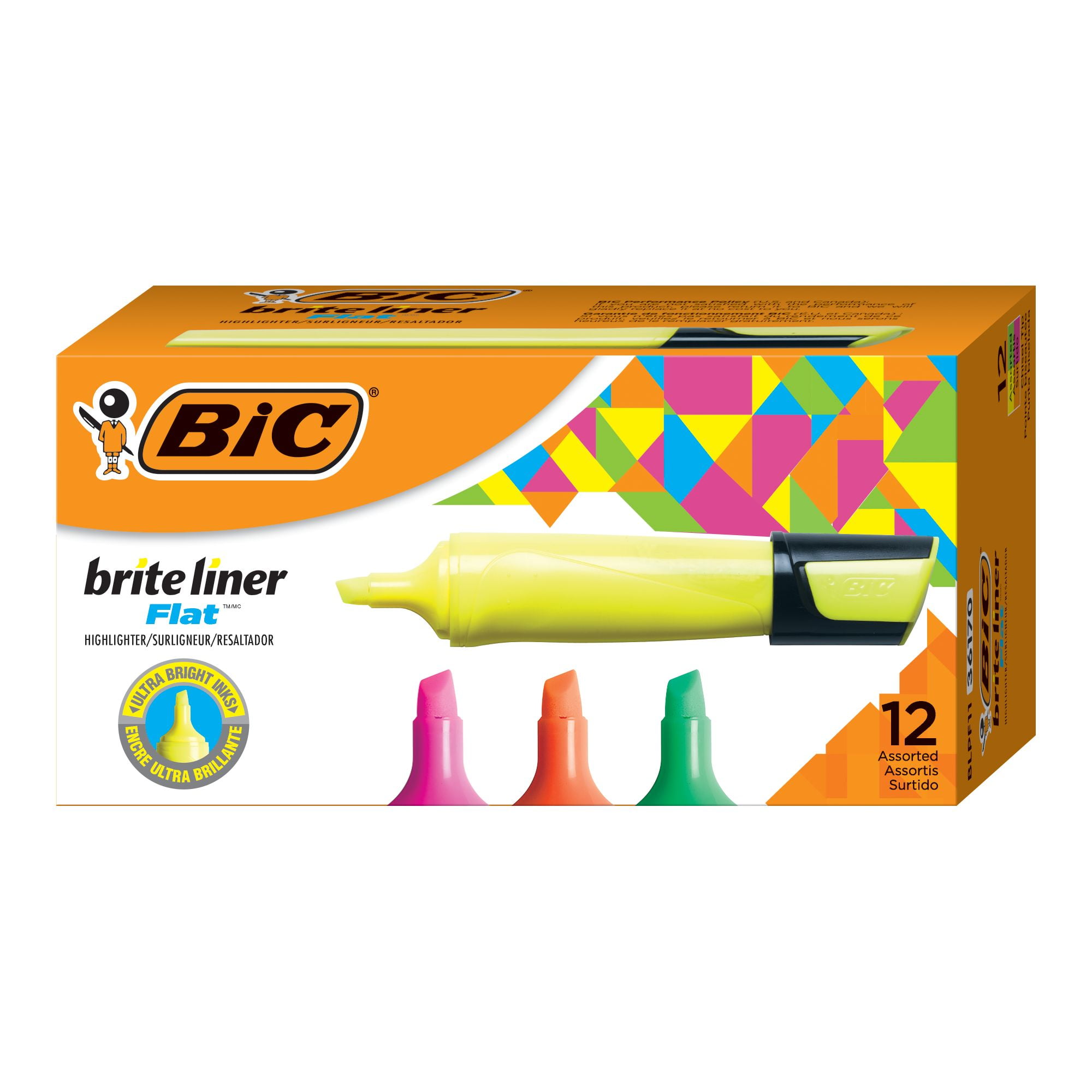 BIC Brite Liner Flat Highlighter, Chisel Tip, Assorted Colors, 12 Count