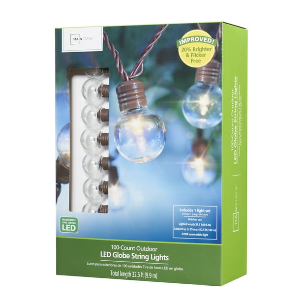 Mainstays 100 Count Outdoor LED Globe String Lights, Brown Wire