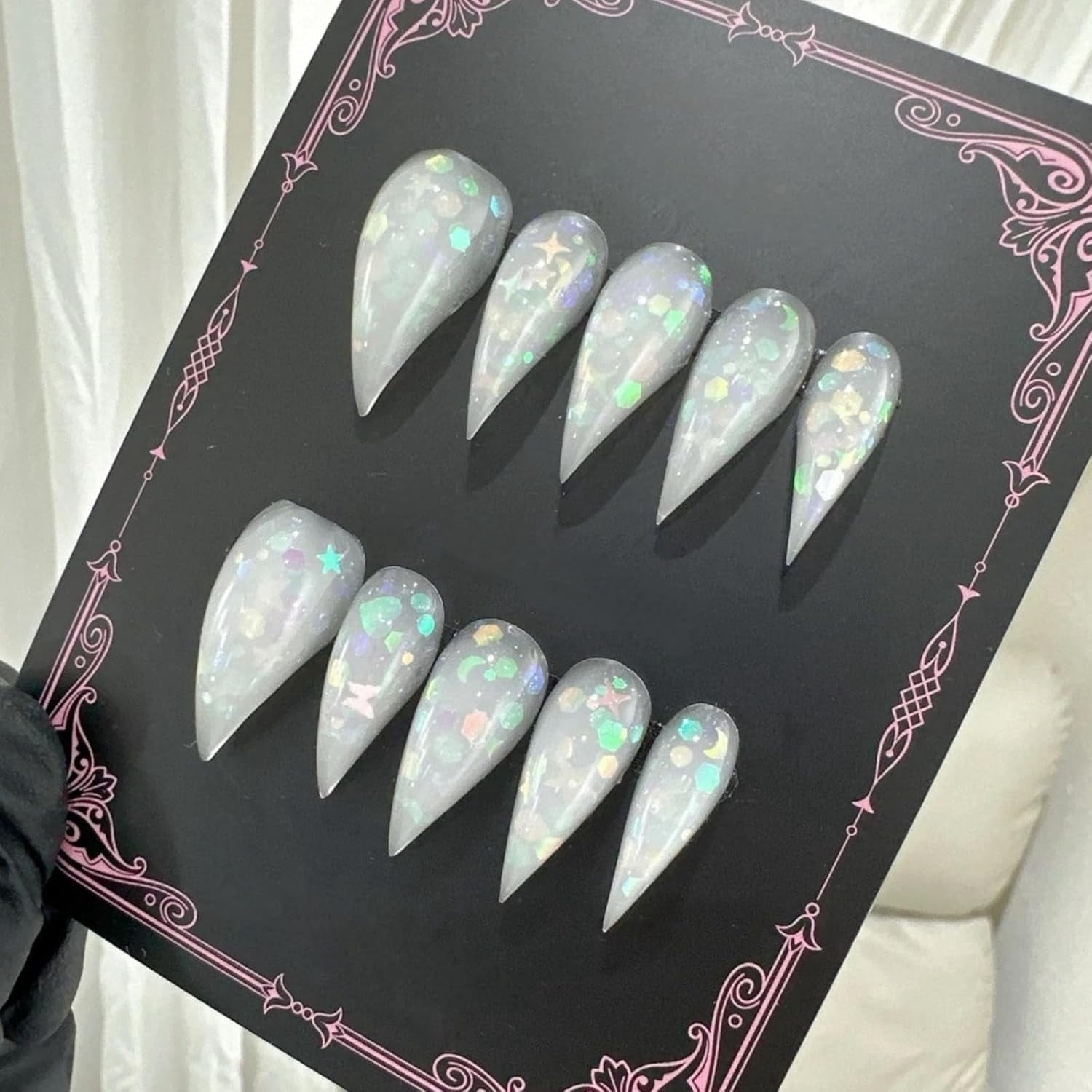 Press Claw on Nails White Sequins Short Stiletto Handmade Reusable Thick Acrylic Cat Dragon Eagle Claw False Nail Glossy Glue on Nail with Y2K Style Design