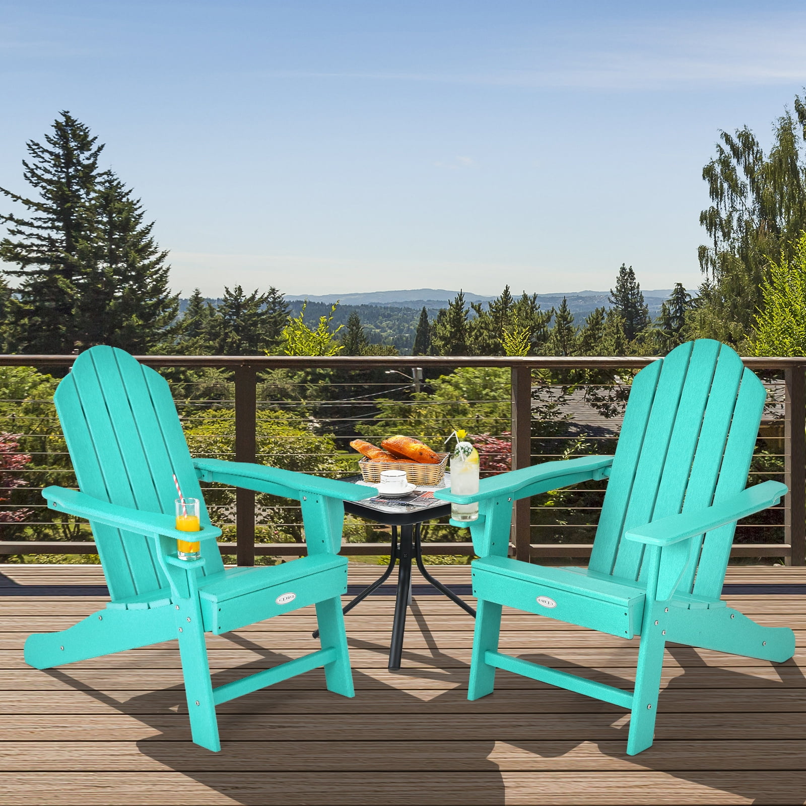 Patiojoy Adirondack Chair Outdoor with Cup Holde Weather Resistant Lounger Chair for Backyard Garden Patio and Deck Turquoise