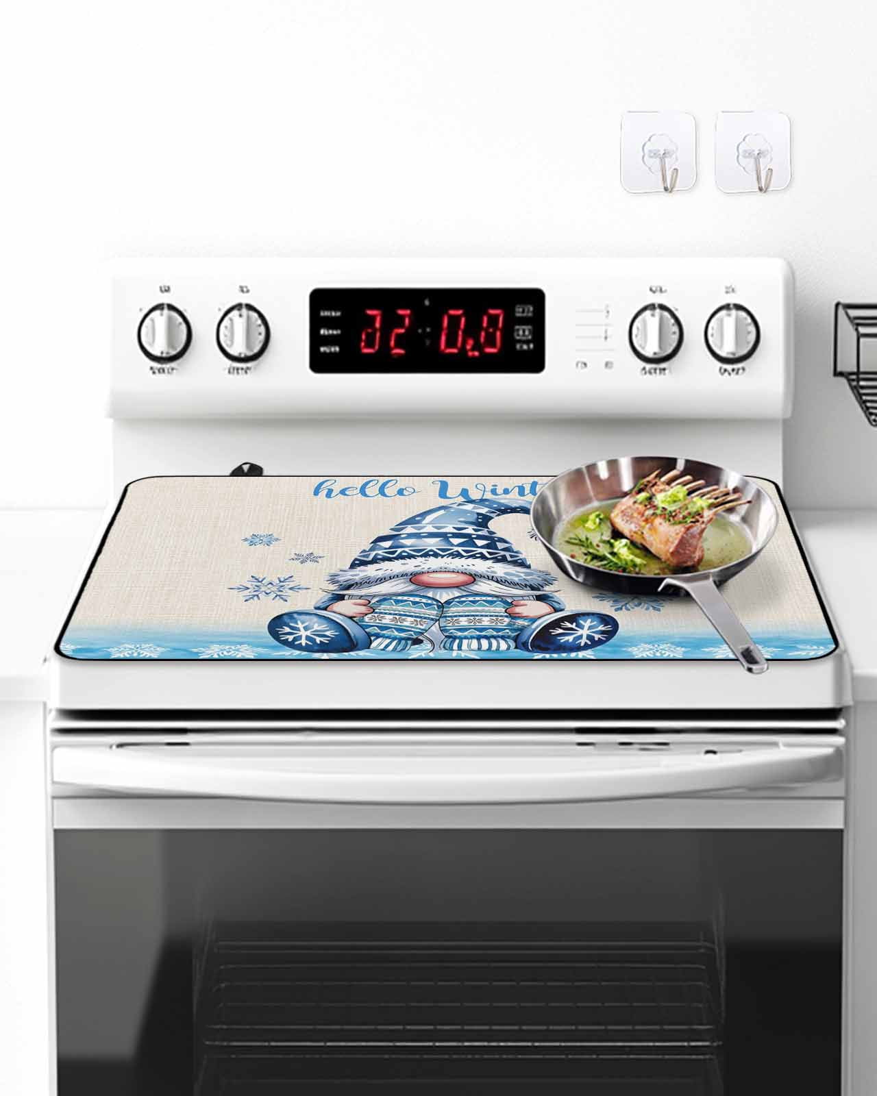 Stove Top Covers for Electric Stove, Blue Gnomes Christmas Glass Stovetop Cover Protector, Xmas Snowflake Hello Winter Induction Cooktop Protector Oven Mat for Kitchen Countertop 24"x21"