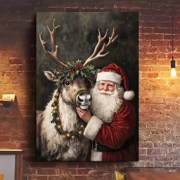 2D Flat One Piece of Unframed 2D Canvas Artwork Featuring a Delightful Santa And Reindeer Design, Perfect for Wall Decoration. This Festive Red And Green Hanging Is Made from Durable Fabric