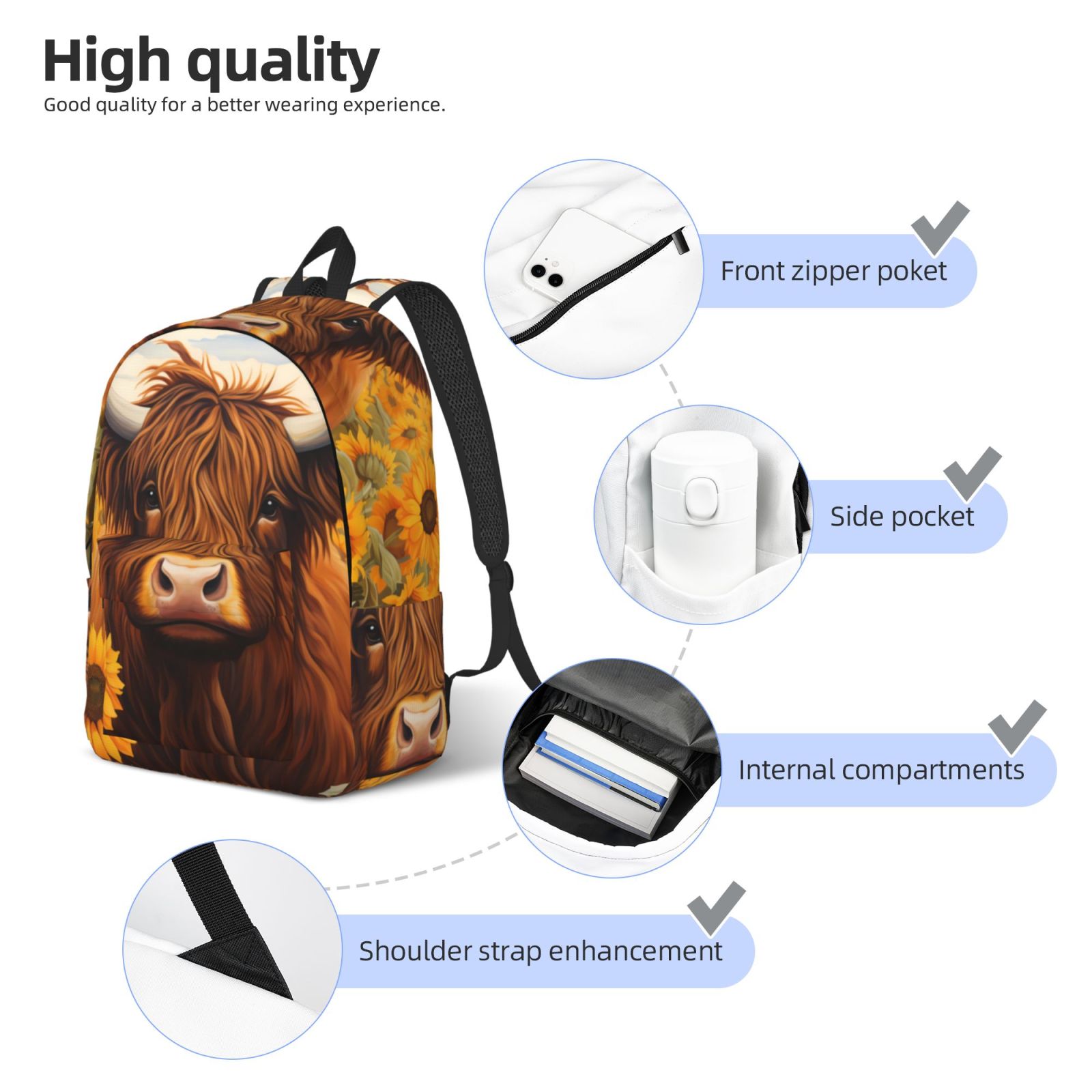 Vsdgher Countryside Sunflower Cow Print Canvas Backpack Travel Rucksack Unisex Knapsack 15.7/17.7Inch Laptop Backpack for Work,College -Small