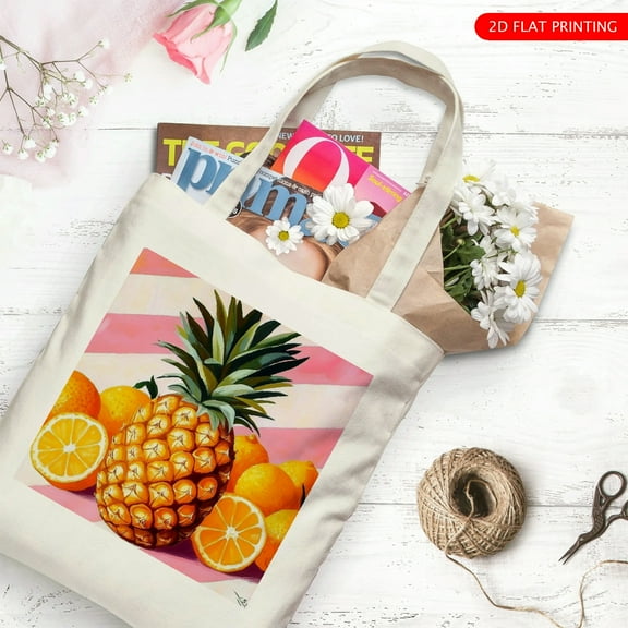 RKSupls Summer Pineapple Canvas Tote Bag, Reusable Shoulder Tote Bag for Women and Men, Large Durable Canvas Shoulder Bag Perfect for Grocery Work Beach Shopping