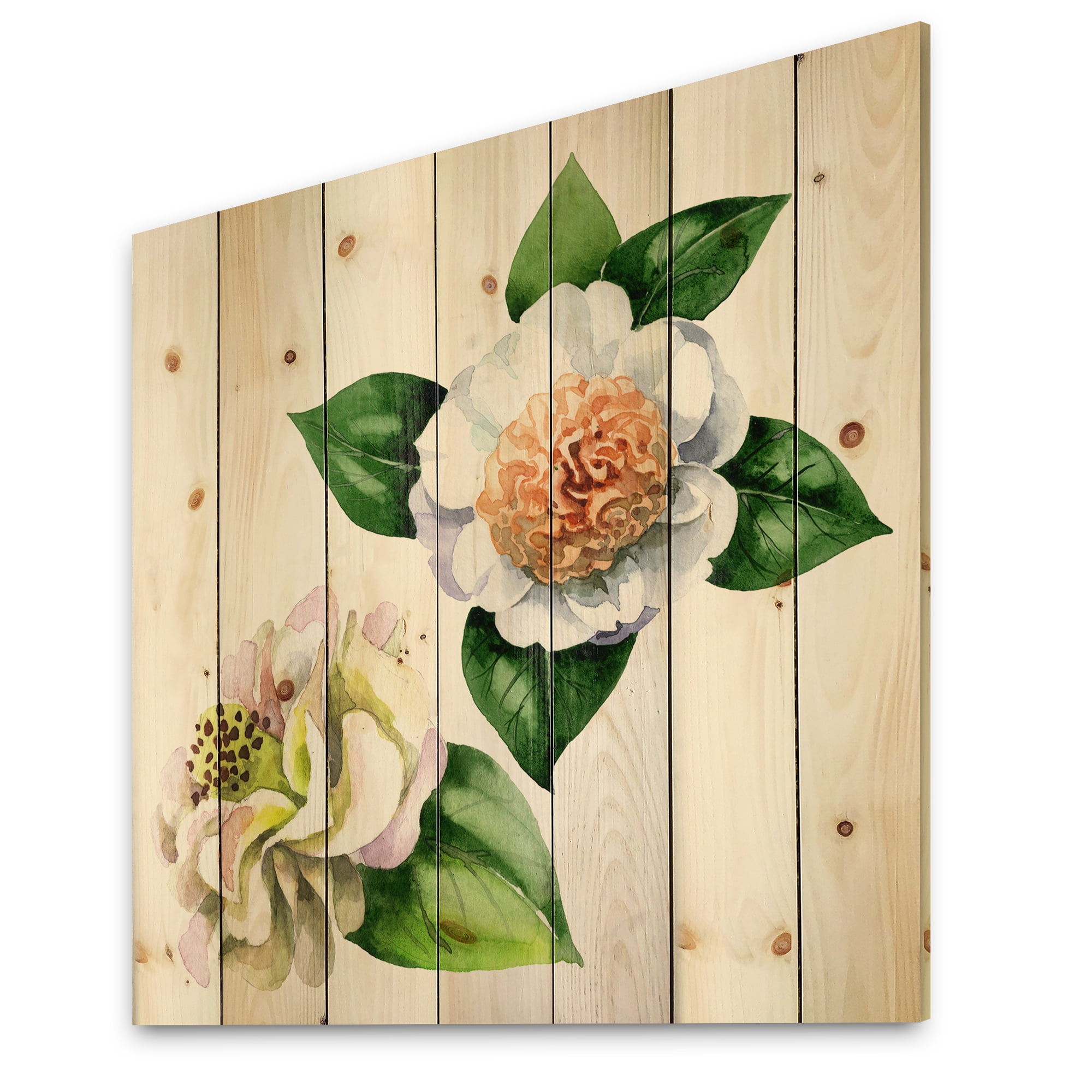 Designart 'Ancient White Camellia Flowers With Green Leaves' Traditional Print on Natural Pine Wood