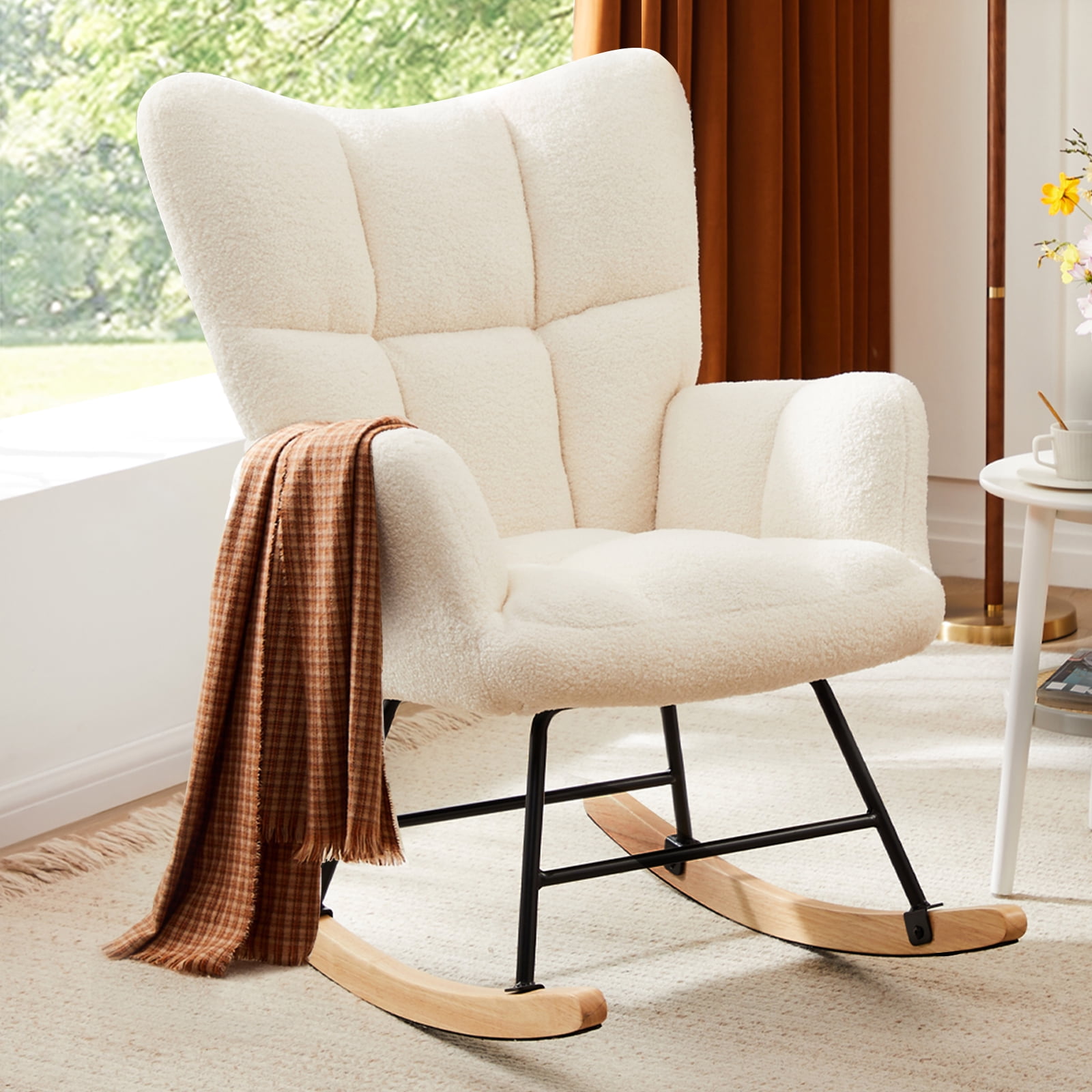 GIANNA Nursery Rocking Chair with Wing Backrest Wide Armrest, Bedroom Seating Furniture Glider Chair Comfy Teddy Recliner, Beige