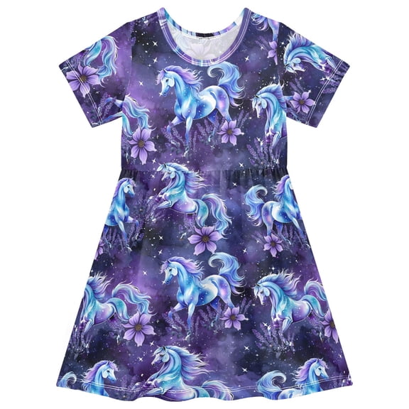 joogoo Horse Lavender Flower Girls' Short Sleeve Dress Kids Dresses 5-6T