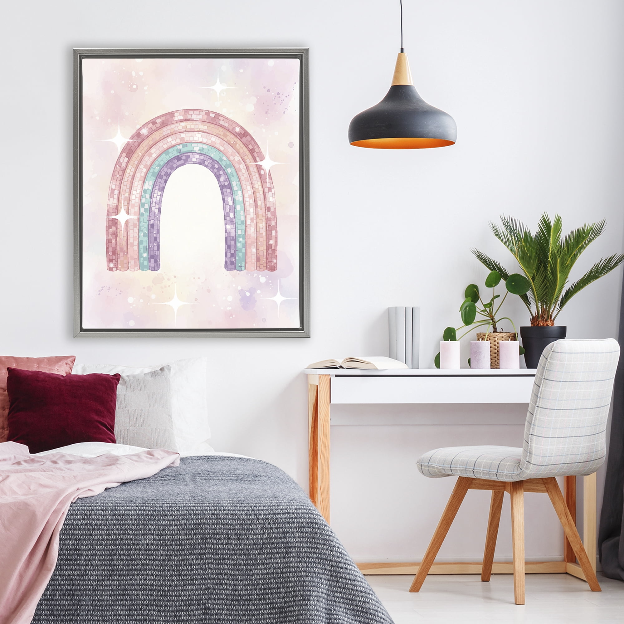 Stupell Industries Pastel Disco Rainbow Sparkles Gray Framed Floater Canvas Wall Art, design by Lil' Rue