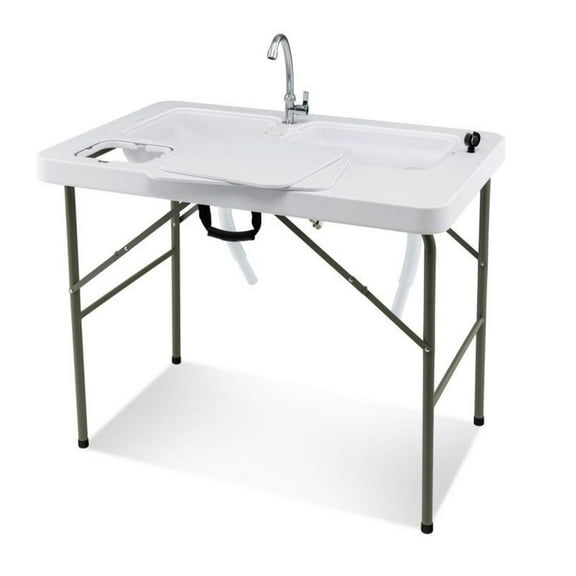 Fish Cleaning Table with 2 Sinks, 360° Faucet - Portable Folding Fishing Cleaning Station - HDPE Steel Frame - 330lbs Capacity