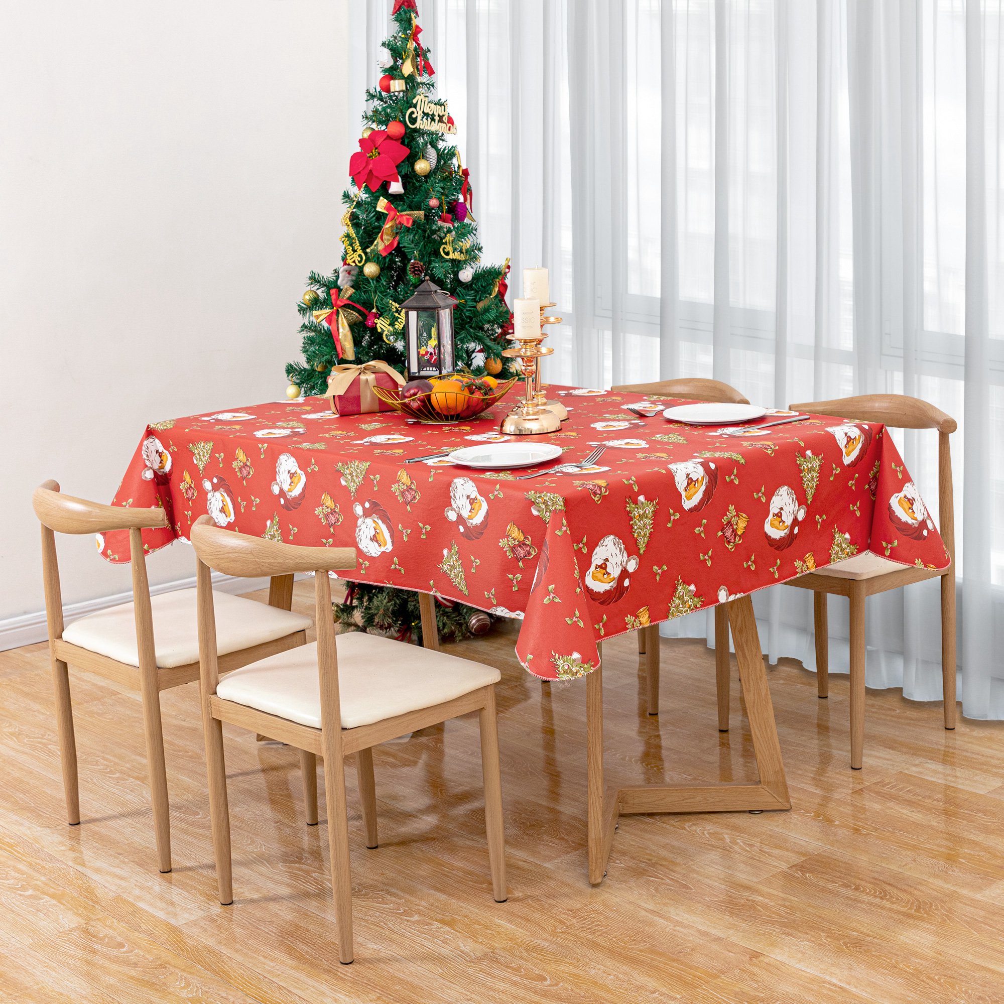 RAY STAR 60x120 inch Christmas Tablecloth Rectangle Vinyl with Flannel Backing Waterproof & Heavy Duty Plastic Table Cover for Dining