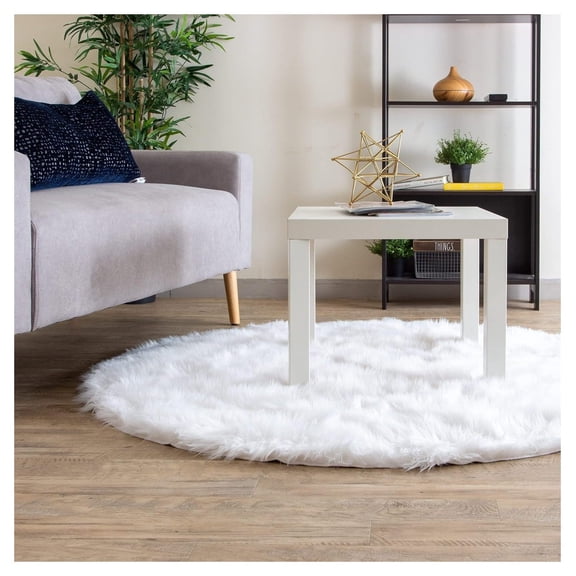Omsix Ultra Soft & Fluffy Faux Sheepskin Rug, White 3 x 3 Feet Round Carpet for Bedroom Living Room