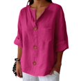 thumbnail image 6 of Cotton Linen Shirts Work Blouses Solid Blouses 3/4 Sleeve Tops Tunic Tops Plus Size Tunic Teacher Loose Tunics Trendy Fashion Clothes V Neck Oversized Tops Womens Shirts Gauze Tops Hot Pink L, 6 of 6