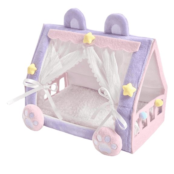 Junepar Cute Doll Tent Bed Soft Fabric Mini Dollhouse Bed with Lace Curtains & Paw Decor for 15cm Dolls Desktop Decor 6.7" x 4.1" x 5.5"