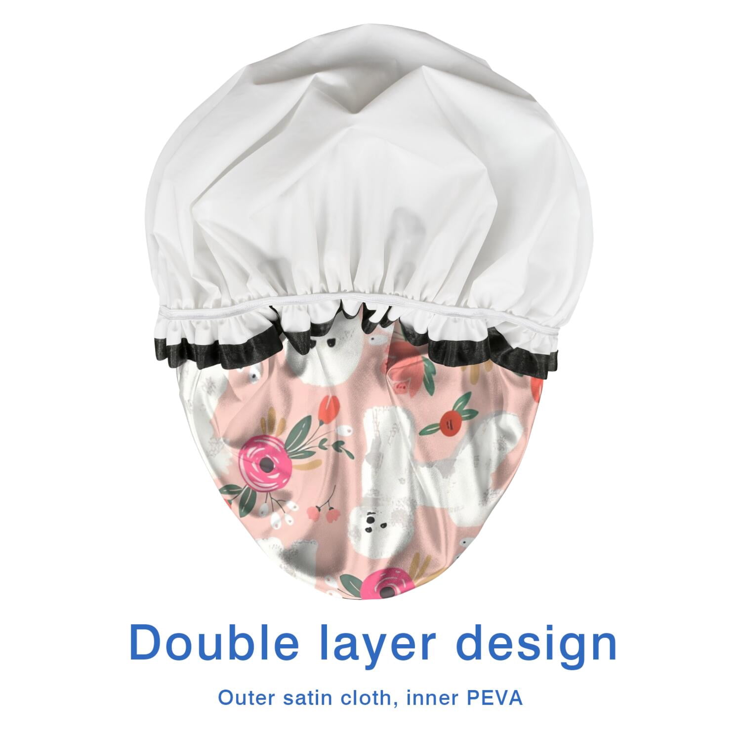 Shower Caps,Pink Bichon Frise and Flower Waterproof Shower Cap for Women 4 Pieces,Double Reusable Hair Cover for Shower PEVA Elastic Stretch Hem