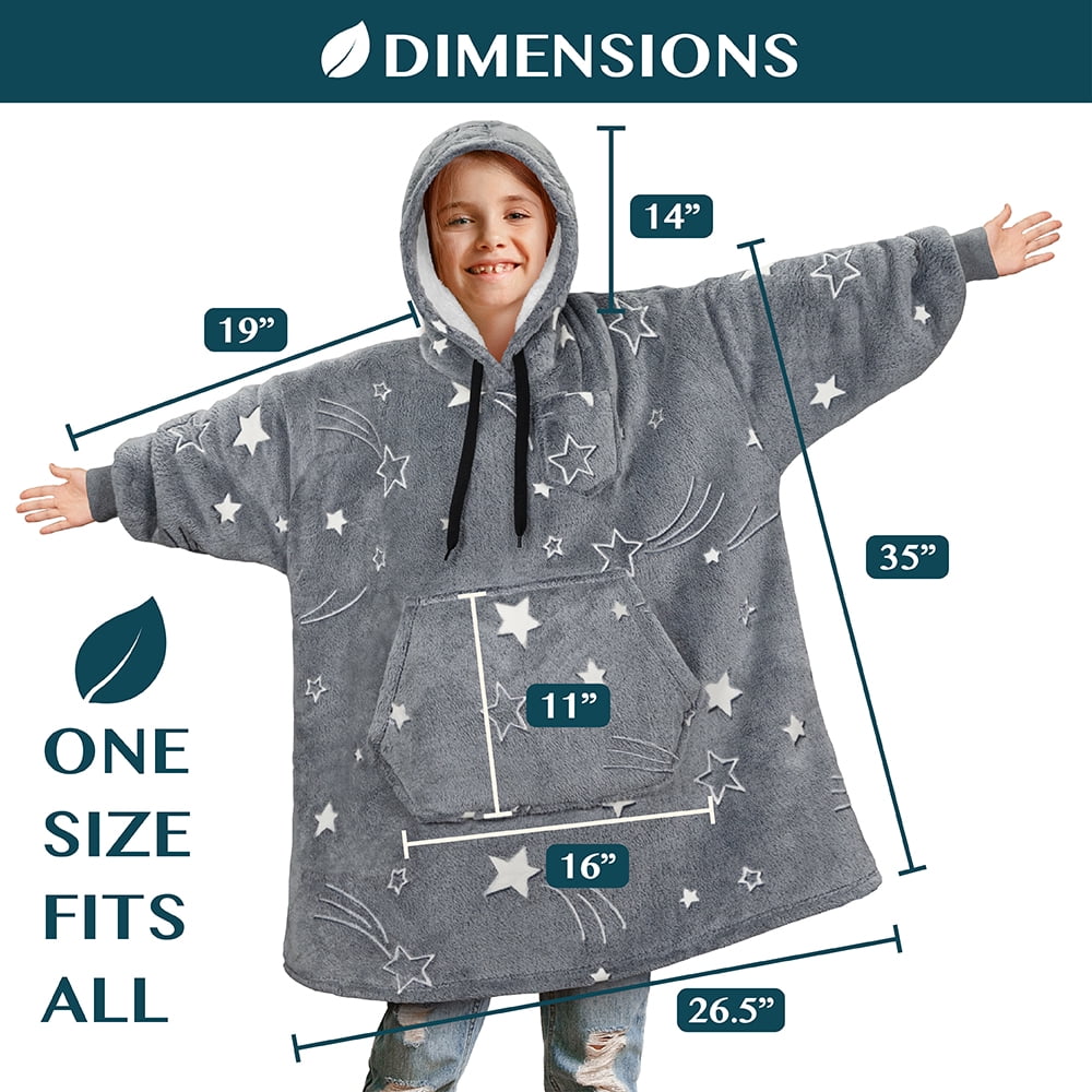 PAVILIA Wearable Blanket Sweatshirt for Kids Boy Girl Glow in the Dark Star, Warm Cozy Giant Blanket Hoodie, Fleece Sherpa Oversized Blanket Sweatshirt with Sleeves, Big Pocket, Christmas Gift
