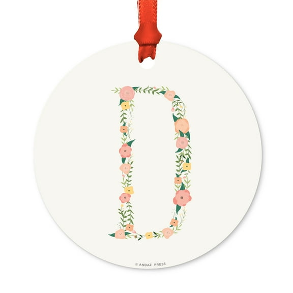 Floral Family Monogram Metal Christmas Ornament, Coral Peach Floral Roses, Letter D, Includes Ribbon and Gift Bag