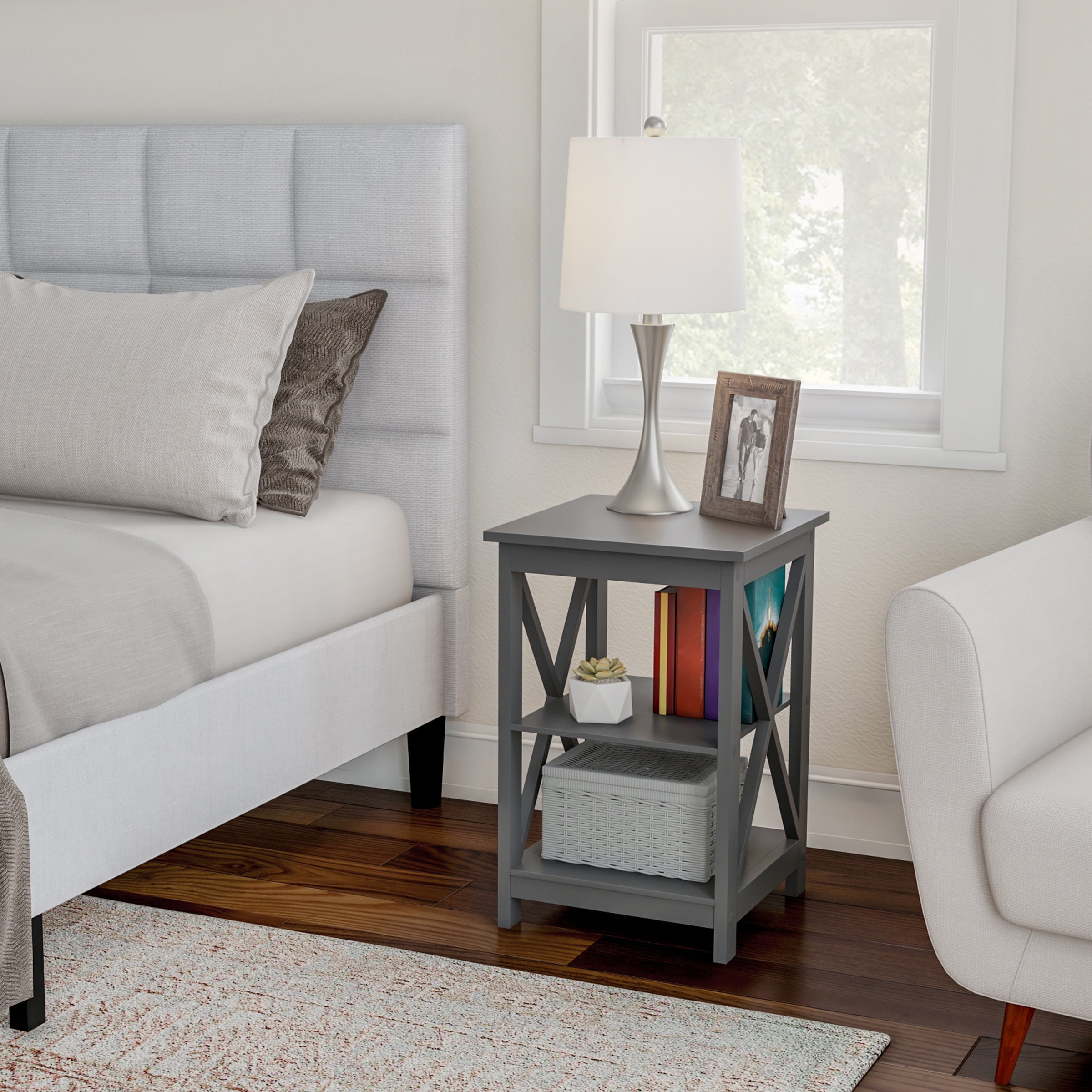 Lavish Home Wooden End Table, Modern Style Sofa Side Table with X-Leg Design and Two Shelves, Gray