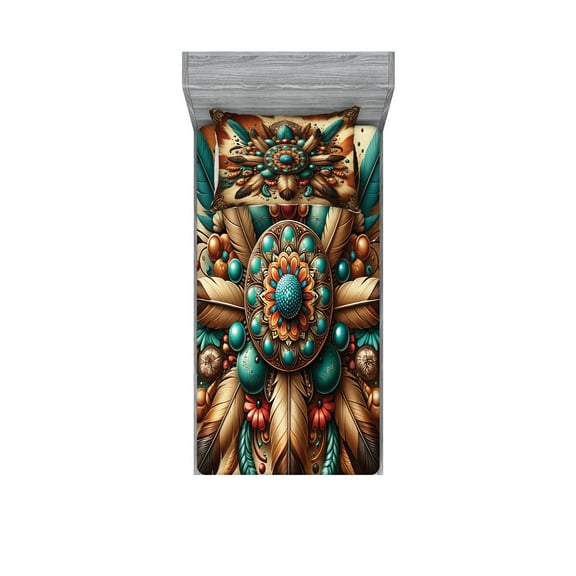 Ambesonne Rustic Fitted Sheet & Pillow Sham Set, Boho Earthy Feathers Mandala, Twin, Teal Cinnamon Brown