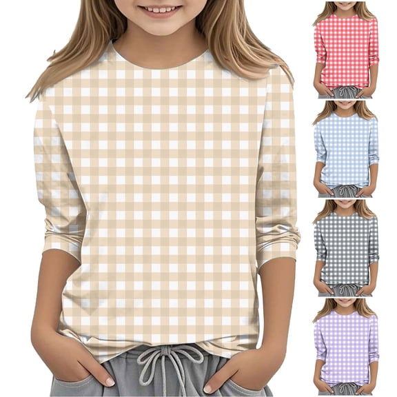 Antinious Toddler Pullover 3/4 Sleeve Round Neck Plaid Print Casual Stylish Tops