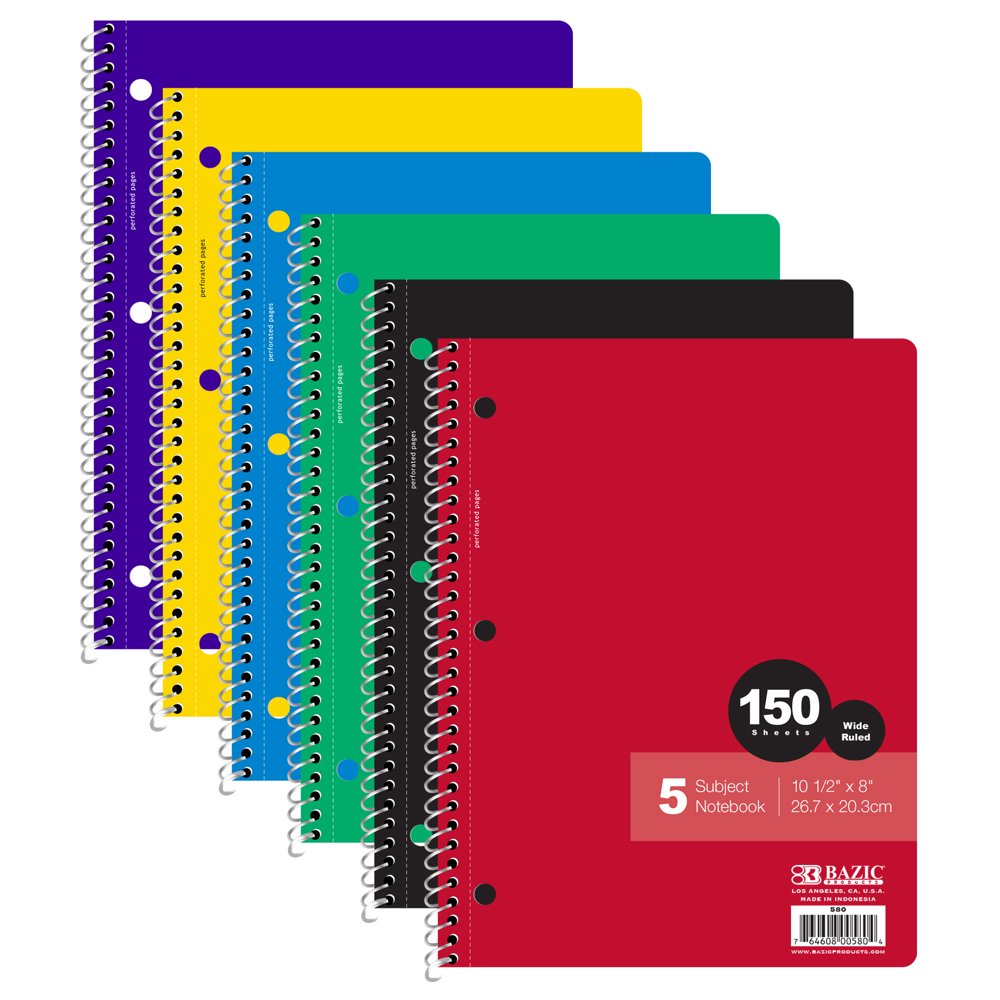 BAZIC Notebook Wide Ruled 5 Subject Spiral 150 Sheets Spiral Notebooks
