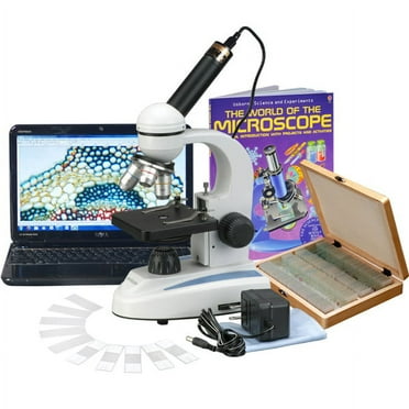 AmScope M149C-PS100-WM-E Digital Compound Monocular Microscope, WF10x and WF25x Eyepieces, 40x-1000x Magnification, LED Illumination, Brightfield, Single-Lens Condenser, Plain Stage, 110V or Battery