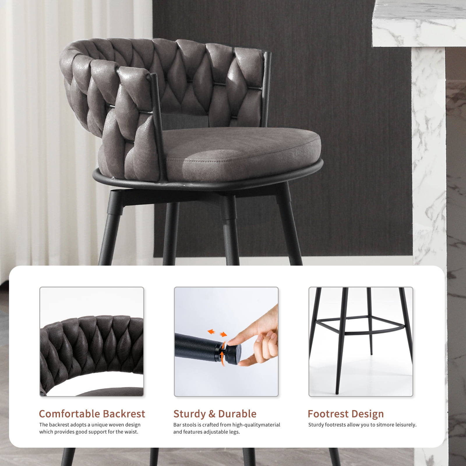 BFZ Upholstered Backrest Bar Stools, Black/Gray (Set of 2)