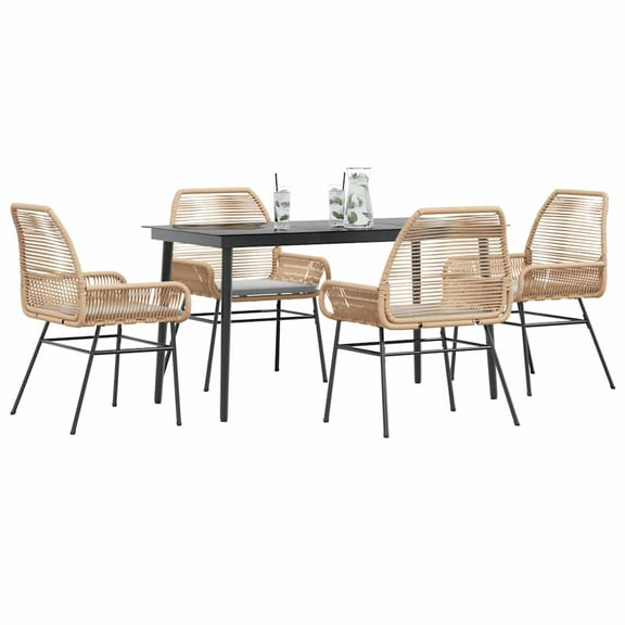 vidaXL 5 Piece Patio Dining Set with Cushions Brown Poly Rattan Glass