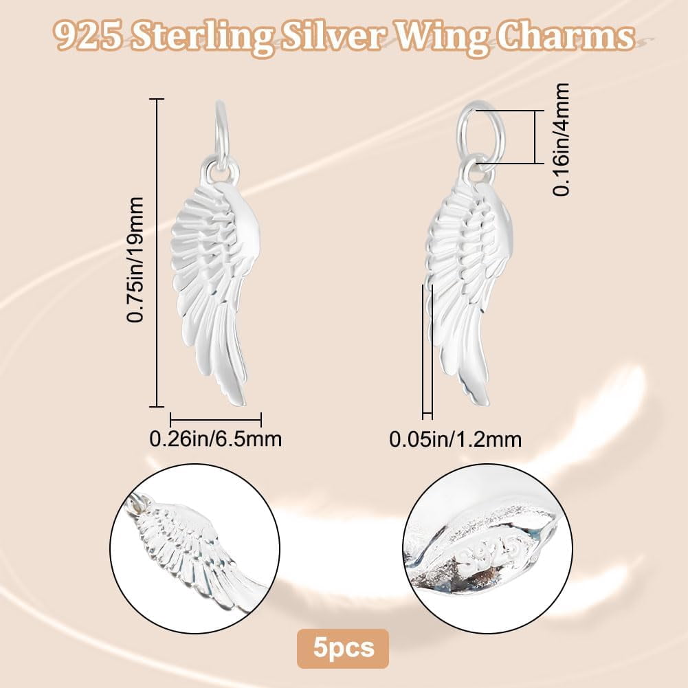 1 Box 5Pcs 925 Sterling Silver Pendants Wing charms with Jump Rings Silver Metal charms Pendants DIY for Necklace Bracelet Earrings Jewelry Making and Crafting on Anniversary Mother's Day diy