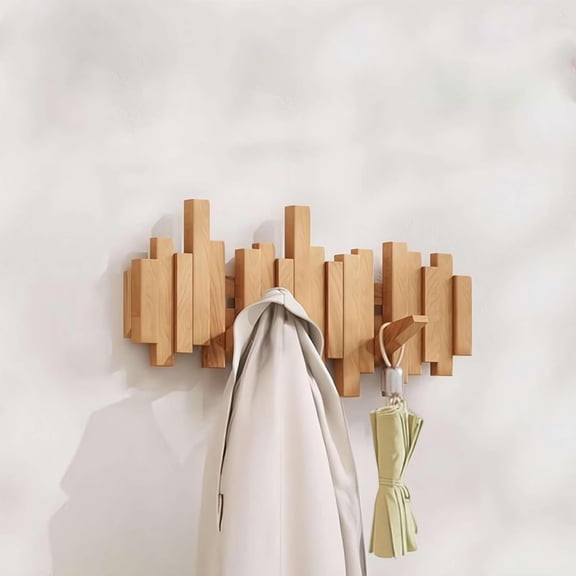 Natural Wood Flip Down Coat Rack - 6-Hook No-Drill Entryway Organizer for Coats & Bags, Rustic Farmhouse Wall Mount Decor(XX)