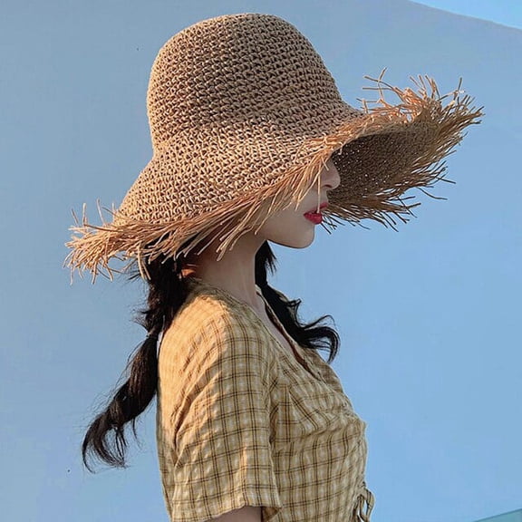 SikaFu New Spring Summer Sun Hat Women Big Brim Crochet Straw Hat Ladies Solid Beach Hat Breathable Floppy Panama Wide Brim Hat