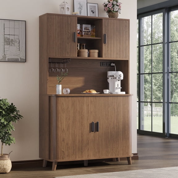 Laintene 71" Pantry Storage Cabinet with Charging Station, Tall Kitchen Pantry with Adjustable Shelves and Sliding Tambour Doors, Standing Bar Cabinet with Wine Rack for Dining Living Room, Walnut