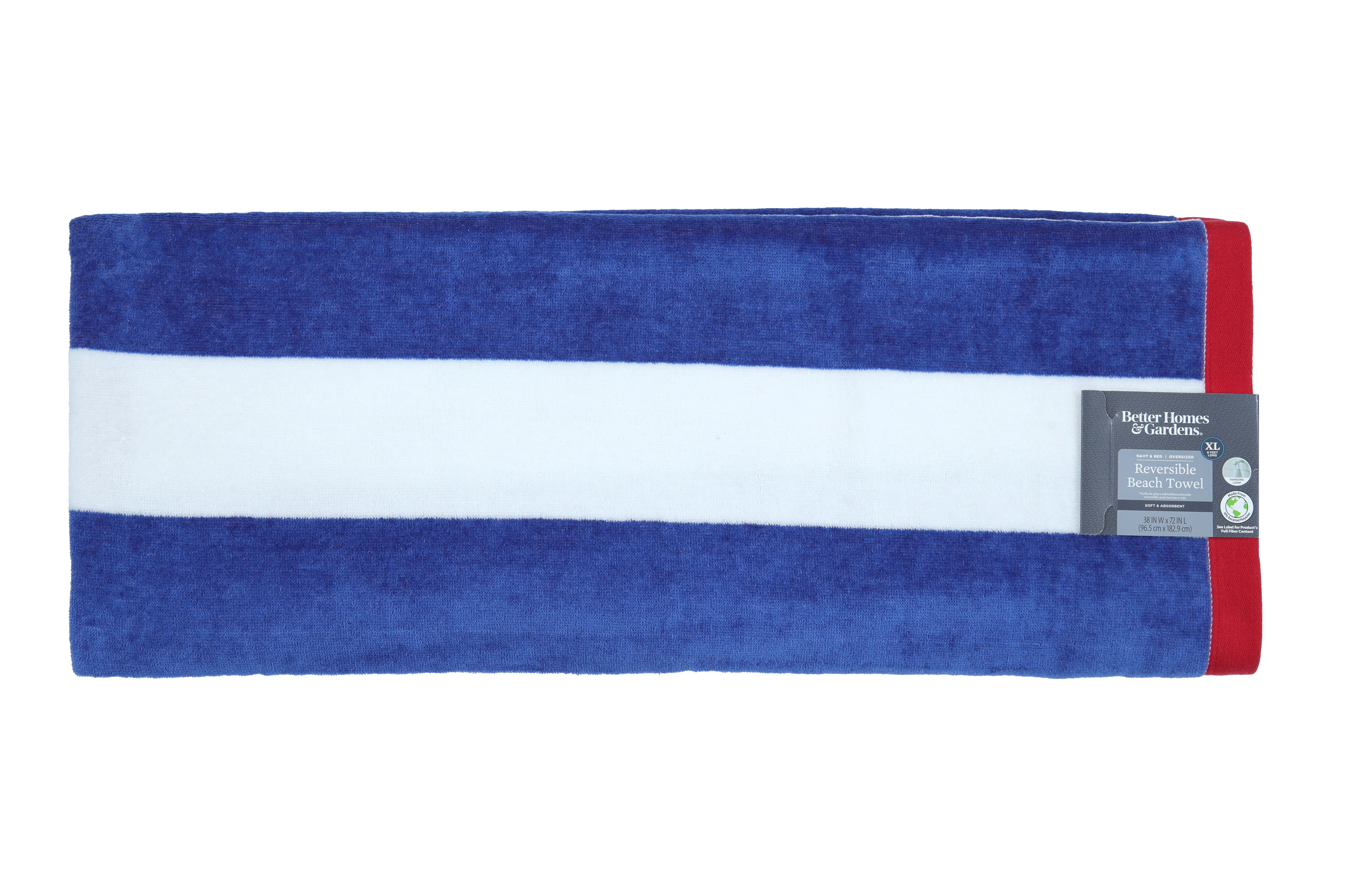 Better Homes & Gardens Oversized Reversible Cotton Blend Navy & Red Cabana Striped Beach Towel, 38” x 72"