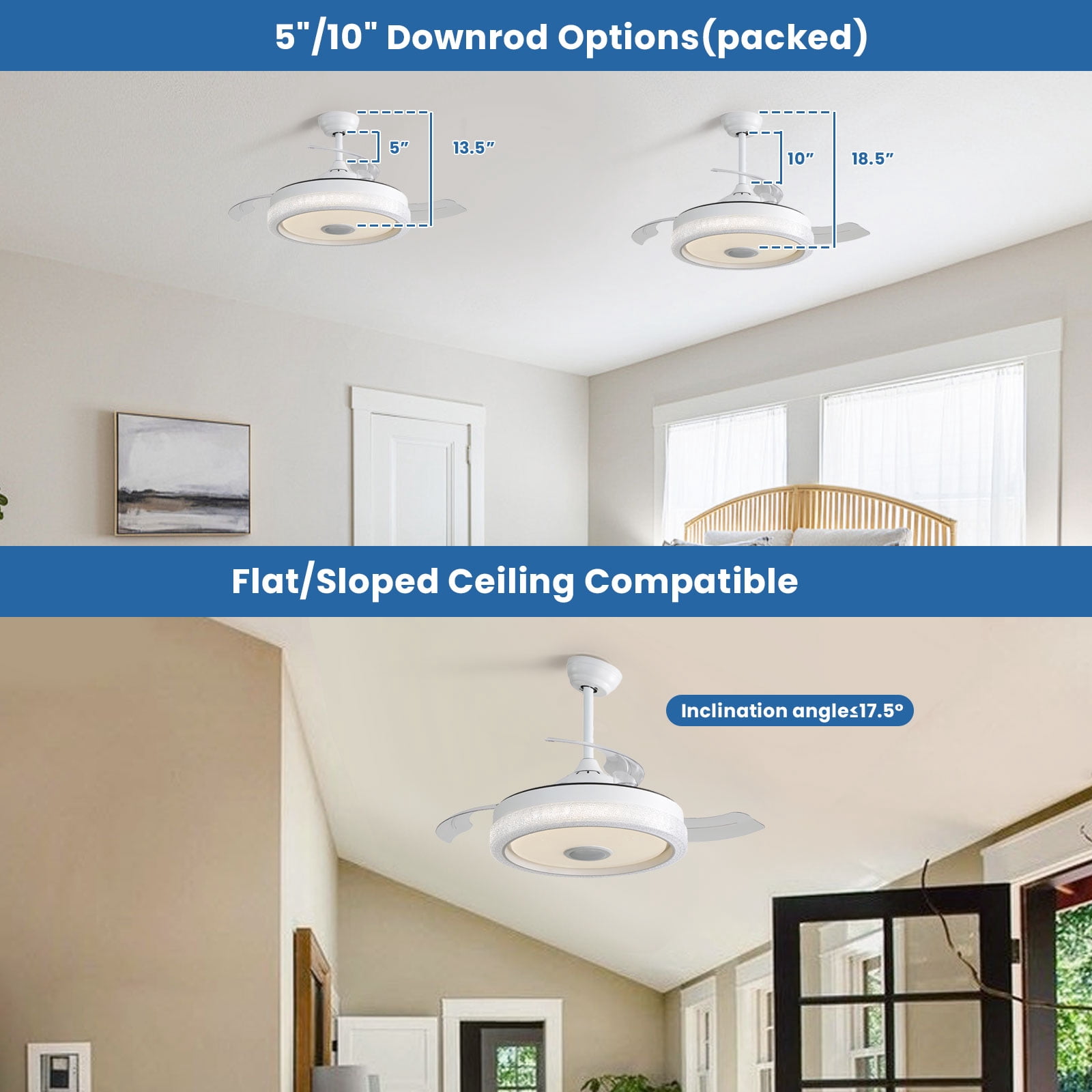 "Sofucor 42"" Retractable Ceiling Fan with Dimmable Lights, Bluetooth Speaker, Remote Control for Bedroom, Kitchen"