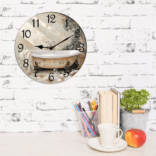 Kurmntregon Bathroom Wall Clock Bathtub Silent Non Ticking Battery Operated Wood Clock For Bedroom Bathroom Living Room Office School Kitchen Shop Hotel Round 10"