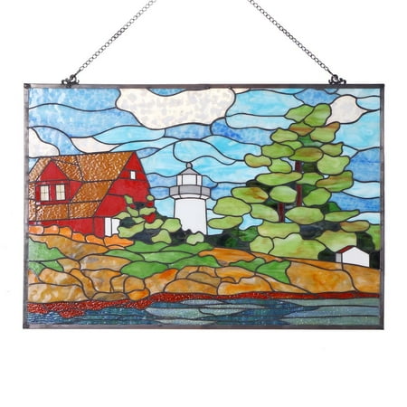 Stain Glass Lighthouse Art Panel Bieye W10010 Seaside Scenery Red House Lighthouse and Tree 30 inch Tiffany Style Stained Glass Window Panel ()