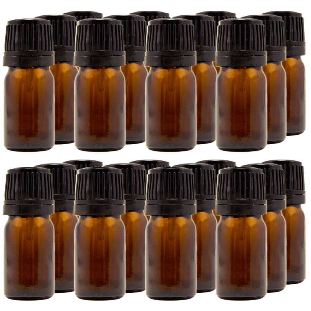 Amber Glass Bottle - 5 ml (1/6 fl oz) w/ Euro Dropper & Tamper-Evident Cap - Pack of 24