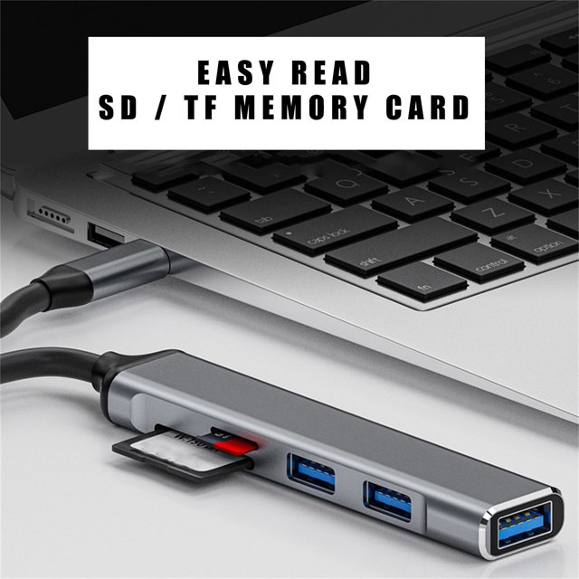 Carcasa de aleación de aluminio Hub USB-C 5 en 1 1 puerto de datos USB 3.0 2 puertos de datos USB 2.0 Ranuras para tarjetas SD Ranuras para tarjetas TF