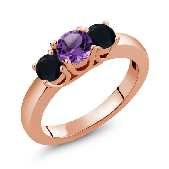 Gem Stone King 0.92 Ct Round Purple Amethyst Black Onyx 18K Rose Gold Plated Silver Ring (Size 8)