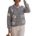 thumbnail image 3 of Women 3D Floral Applique Pearl Button Scalloped Trim Crew Neck Knit Cardigan Gray L, 3 of 9